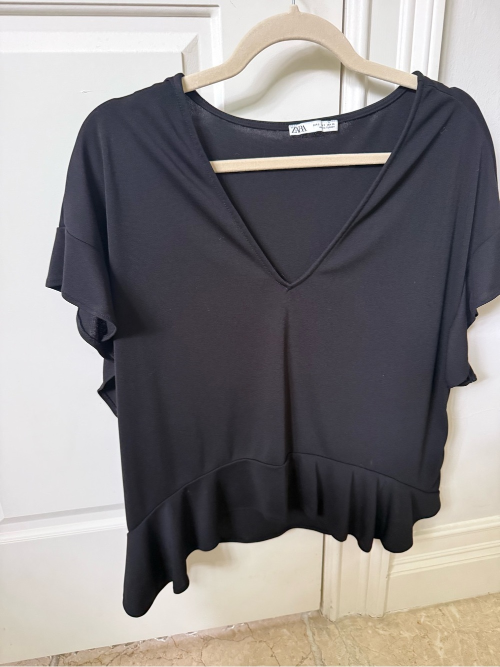 Zara Black V-Neck Ruffle Hem Top